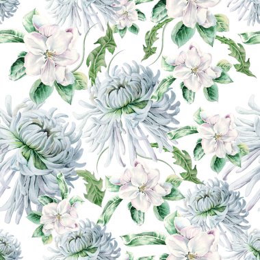 Çiçekli parlak seamless modeli. Çiçeği. Krizantem. Sulu boya resim. Elle çizilmiş.