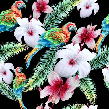 Papağanlar ve çiçeklerle parlak, pürüzsüz bir desen. Hibiscus. Avuç içi. Suluboya çizimi. El çizimi.