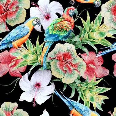 Papağan ve çiçeklerle parlak seamless modeli. Hibiscus. Bromeliad. Sulu boya resim. Elle çizilmiş.