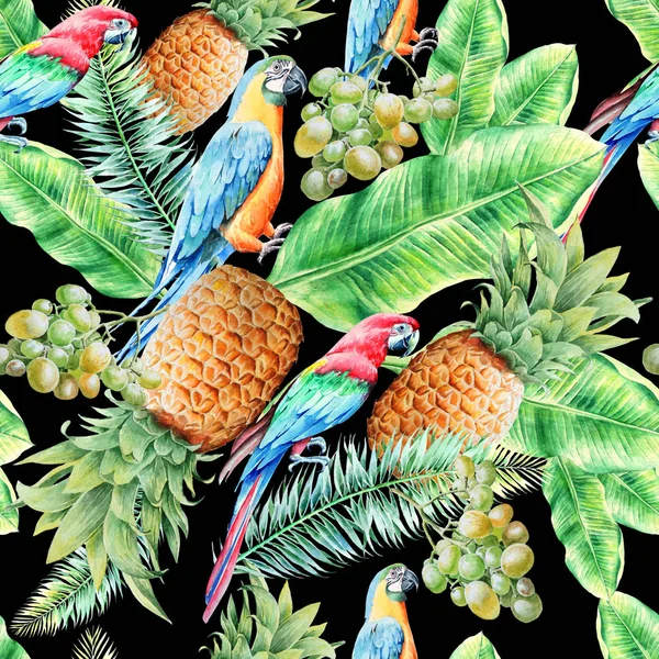 Helles, nahtloses Muster mit Papageienblättern und Früchten. Palme. Ananas. Trauben. Aquarell-Illustration. Handgezeichnet. — Stockfoto