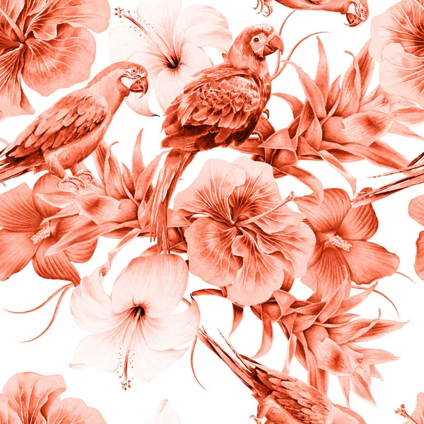 Bright seamless pattern with parrots and flowers. Hibiscus. Bromeliad. Watercolor illustration. Hand drawn.