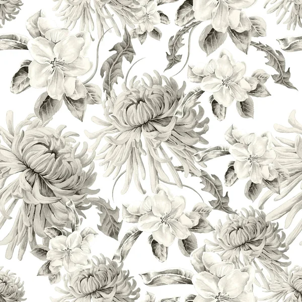 Monokrom pola mulus dengan bunga. Blossom. Bunga Seruni. Ilustrasi Watercolor. Tangan digambar . — Stok Foto