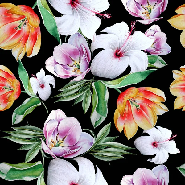 Patrón brillante sin costuras con flores. Tulipán. Hibiscus. Ilustración en acuarela. Dibujado a mano . —  Fotos de Stock