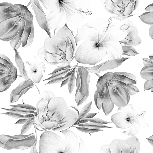 Fekete-fehér varrat nélküli mintát virágokkal. Tulipán. Hibiscus. Akvarell illusztráció. Kézzel rajzolt. — Stock Fotó