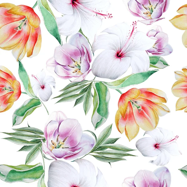 Bright seamless pattern with flowers. Tulip. Hibiscus. Watercolor illustration. Hand drawn. — Stock Photo, Image