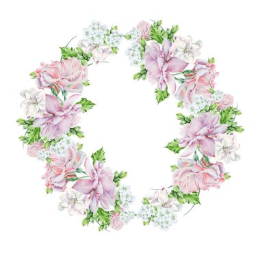 Çiçekli yuvarlak suluboya buket. Çiçeği. Rose. Resimde. Elle çizilmiş.