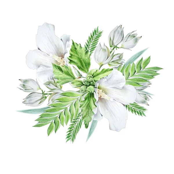 Suluboya buket çiçekli. Ebegümeci. Yucca. Sulu boya resim. Elle çizilmiş.