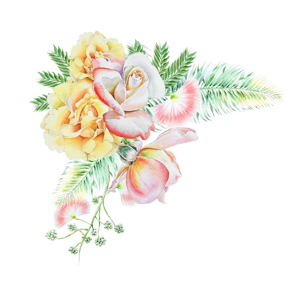 Akvarell bukett med blommor. Bladen. Rose. Akvarell illustration. Handritad. — Stockfoto