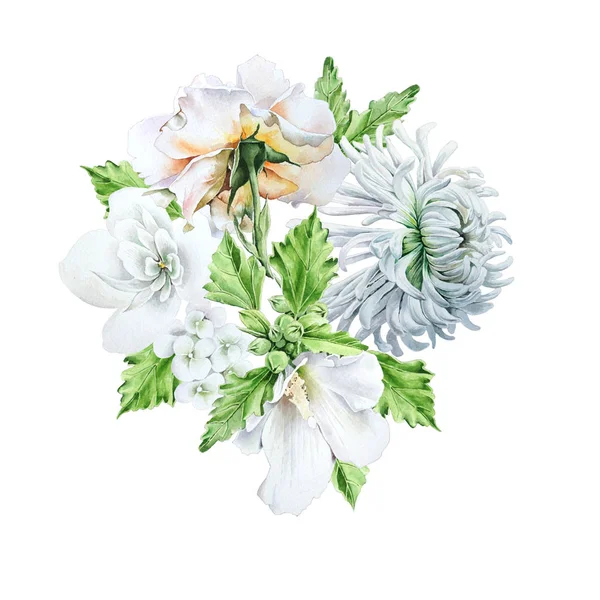 Suluboya buket çiçekli. Krizantem. Ebegümeci. Rose. Sulu boya resim. Elle çizilmiş.