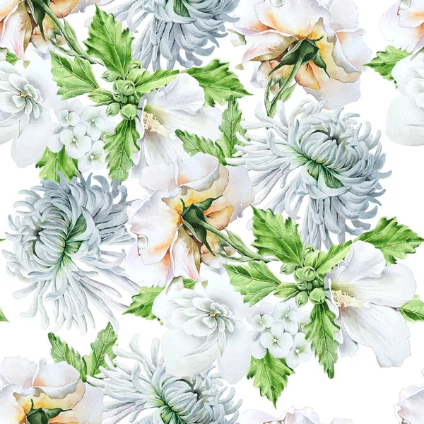 Bright seamless pattern with flowers. Chrysanthemum.  Mallow. Rose. Watercolor illustration. Hand drawn. — Stock Photo, Image