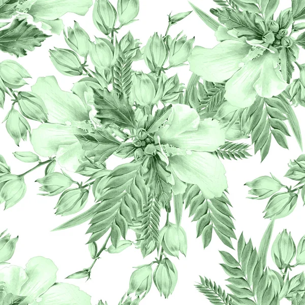 花と明るいシームレス パターン。アオイ科の植物。ユッカ。水彩イラスト。手描き. — ストック写真