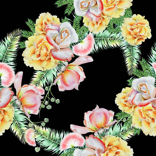 Ljusa sömlösa mönster med blommor. Bladen. Rose. Akvarell illustration. Handritad. — Stockfoto