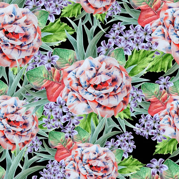 Bright seamless pattern with flowers. Leaves. Rose. Watercolor illustration. Hand drawn. — Stock Photo, Image