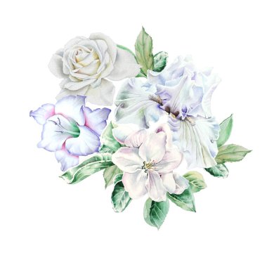 Suluboya buket çiçekli. Iris. Rose. Glayöl. Çiçeği. Resimde. Elle çizilmiş.
