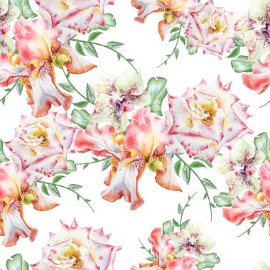 Çiçekli parlak seamless modeli. Iris. Orkide. Rose. Sulu boya resim. Elle çizilmiş.