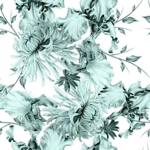 Bright seamless pattern with flowers. Iris. Chrysanthemum. Watercolor illustration. Hand drawn. — Stock Photo, Image