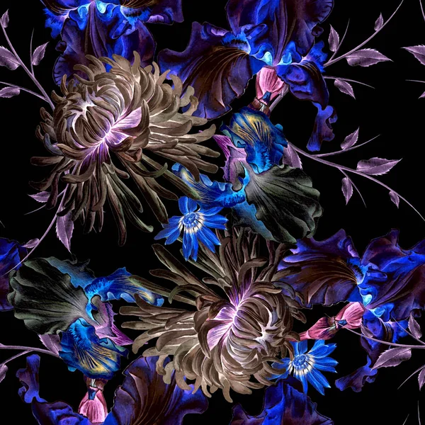 Helles, nahtloses Muster mit Blumen. Iris. Chrysanthemen. Aquarell-Illustration. Handgezeichnet. — Stockfoto