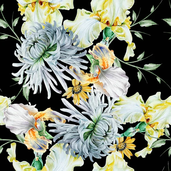 Bright seamless pattern with flowers. Iris. Chrysanthemum. Watercolor illustration. Hand drawn.