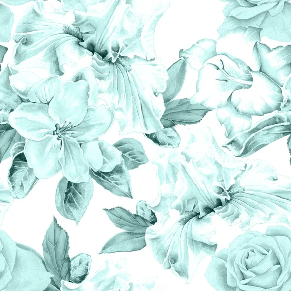Çiçekli parlak seamless modeli. Iris. Rose. Glayöl. Çiçeği. Sulu boya resim. Elle çizilmiş. — Stok fotoğraf