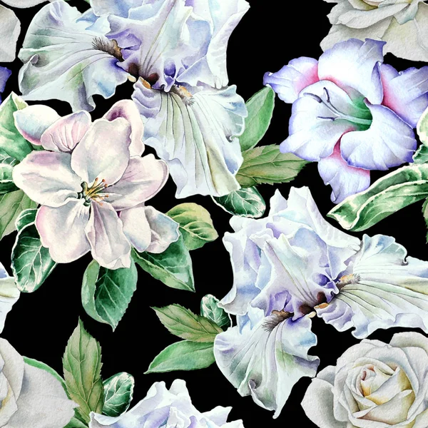 Çiçekli parlak seamless modeli. Iris. Rose. Glayöl. Çiçeği. Sulu boya resim. Elle çizilmiş. — Stok fotoğraf