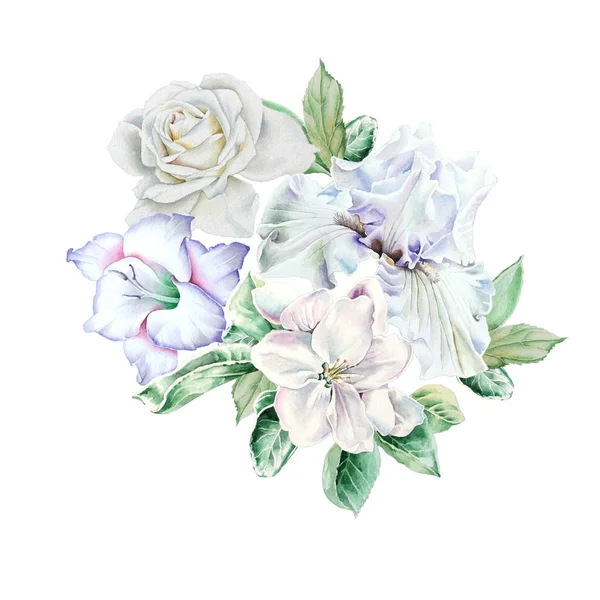 Suluboya buket çiçekli. Iris. Rose. Glayöl. Çiçeği. Resimde. Elle çizilmiş.