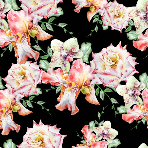Çiçekli parlak seamless modeli. Iris. Orkide. Rose. Sulu boya resim. Elle çizilmiş.