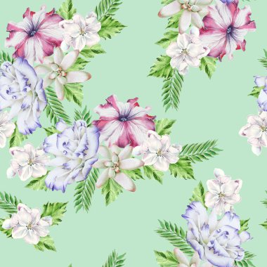 Çiçekli parlak seamless modeli. Petunya. Eustoma. Lezzetli. Suluboya resim. 