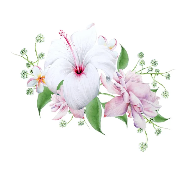 Ramo brillante con flores. Hibiscus. ¡Rose! Ilustración en acuarela . — Foto de Stock