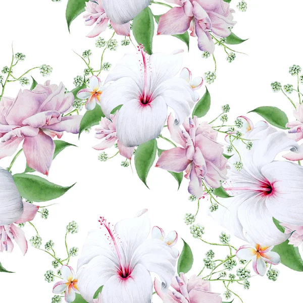 Padrão sem costura brilhante com flores. Hibisco. Rose... Ilustração aquarela . — Fotografia de Stock