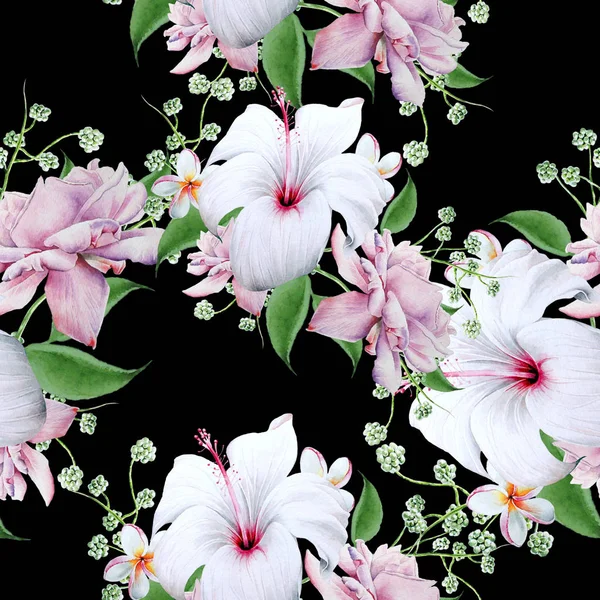 Luminoso modello senza cuciture con fiori. Ibisco. Rose. Illustrazione ad acquerello . — Foto Stock