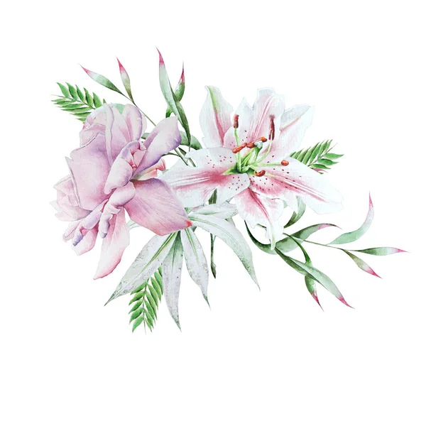 Luminoso bouquet con rosa e giglio. Illustrazione ad acquerello . — Foto Stock