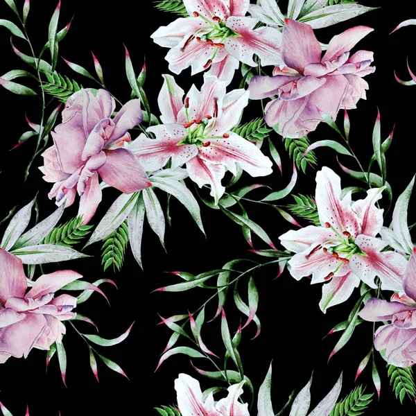 Varrat nélküli mintával fényes virágok. Rose. Lily. Akvarell illusztráció. — Stock Fotó