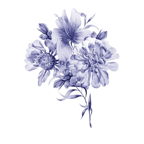 Buquê brilhante com peônia de flores e hibisco. Ilustração aquarela . — Fotografia de Stock