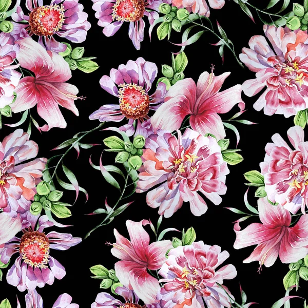 Jasny wzór z kwiatami. Piwonia. Hibiscus. Akwarela, ilustracja. — Zdjęcie stockowe