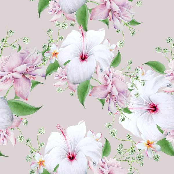 Jasny wzór z kwiatami. Hibiscus. Rose. Akwarela, ilustracja. — Zdjęcie stockowe
