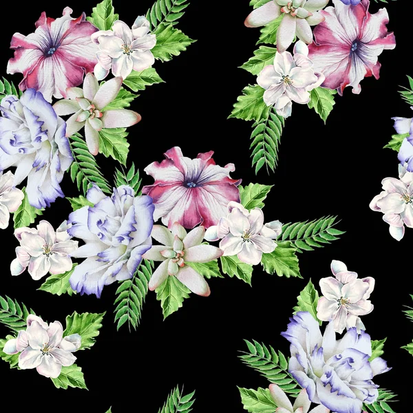 Bright seamless pattern with flowers. Petunia. Eustoma. Succulent. Watercolor illustration. — Stock Photo, Image