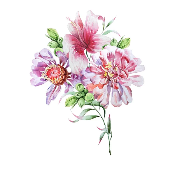 Luminoso bouquet con fiori di peonia e ibisco. Illustrazione ad acquerello . — Foto Stock