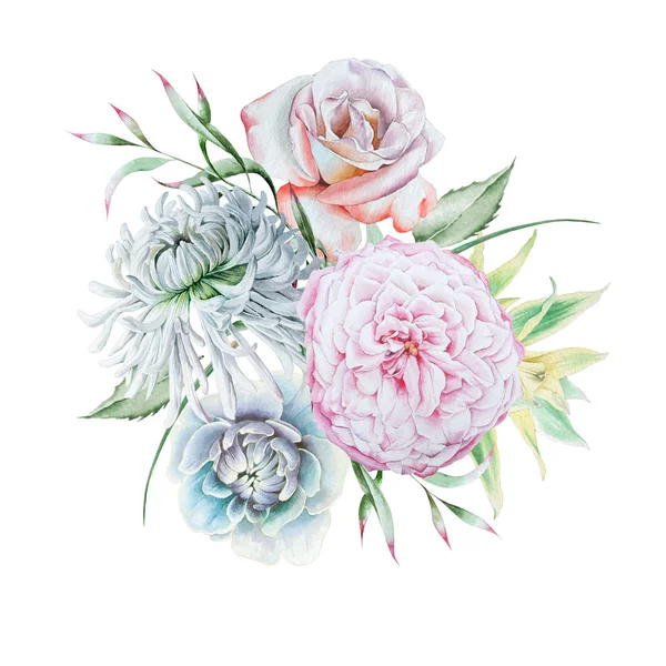 Buquê de aquarela com flores. Rose... Crisântemo. Peony. Ilustração aquarela . — Fotografia de Stock