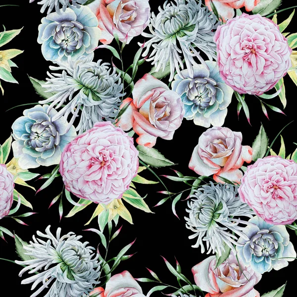 Bright seamless pattern with flowers. Rose. Chrysanthemum. Peony.  Watercolor illustration. 