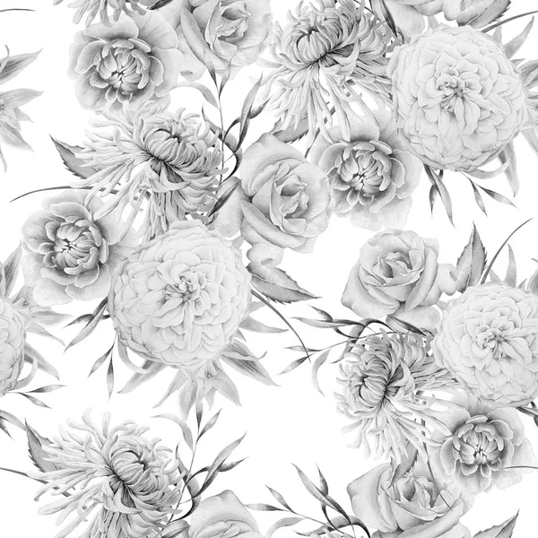 Monochrome seamless pattern with flowers. Rose. Chrysanthemum. Peony.  Watercolor illustration. — Stock Photo, Image