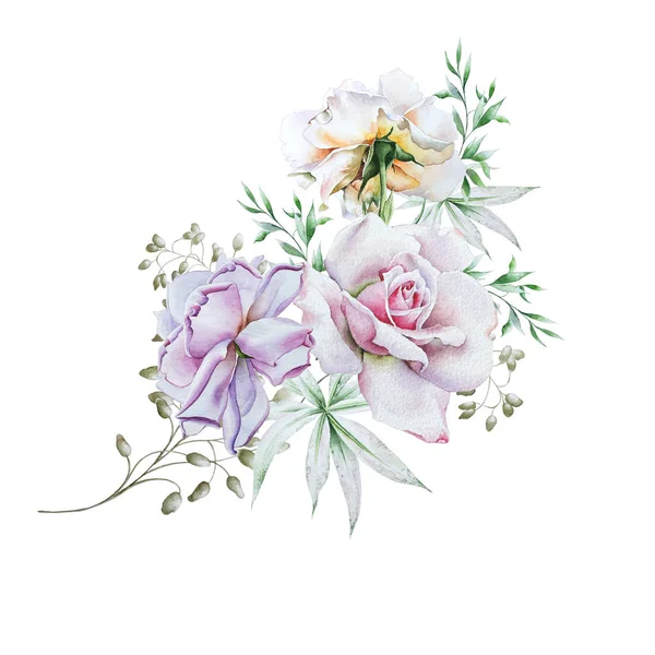 Buquê de aquarela com flores. Rose... Ilustração . — Fotografia de Stock