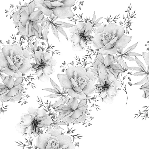 Monokrom sömlösa mönster med blommor. Rose. Akvarell illustration. — Stockfoto