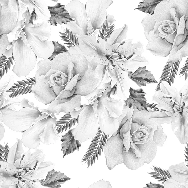 Fekete-fehér varrat nélküli mintát virágokkal. Rose. Lily. Akvarell illusztráció. — Stock Fotó