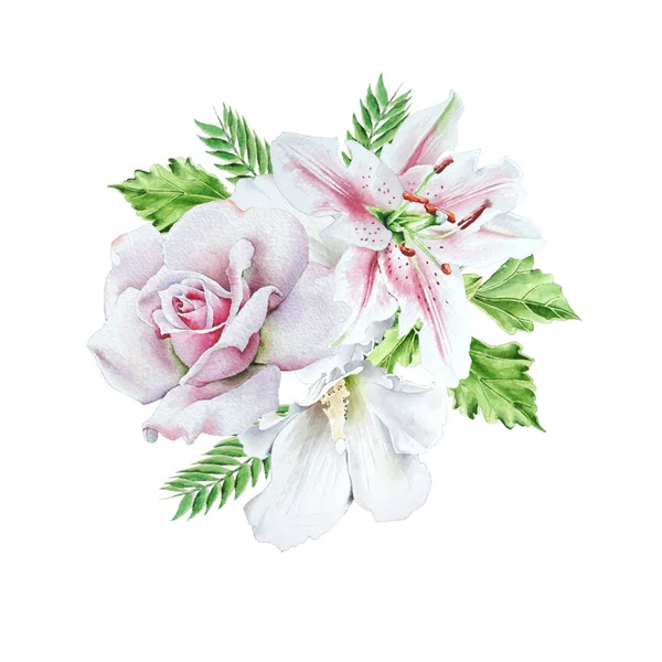 Buquê de aquarela com flores. Rose... Lily... Ilustração . — Fotografia de Stock