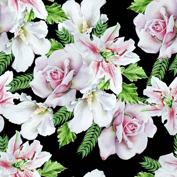 Luminoso modello senza cuciture con fiori. Rose. Lily. Illustrazione ad acquerello . — Foto Stock