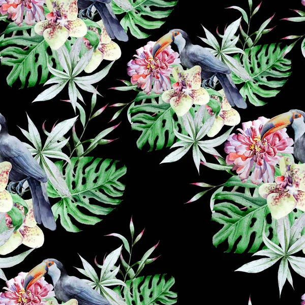 Trópusi varrat nélküli mintát madarak levelek és virágok. Bazsarózsa. Tucan. Monstera. Orchidea. Akvarell illusztráció. — Stock Fotó