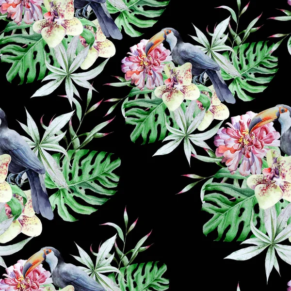 Tropical seamless pattern with birds leaves and flowers. Peony. Tucan.  Monstera. Orchid.   Watercolor illustration. 