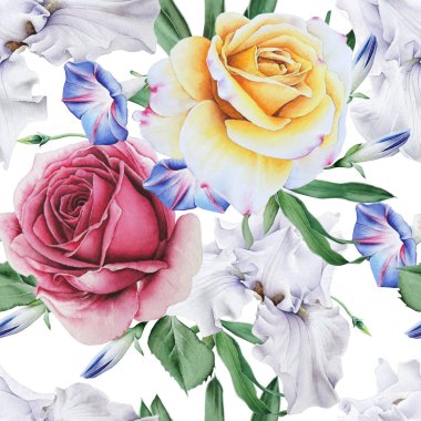 Çiçekli parlak, pürüzsüz bir desen. Gül. İris. Suluboya çizimi. El çizimi.