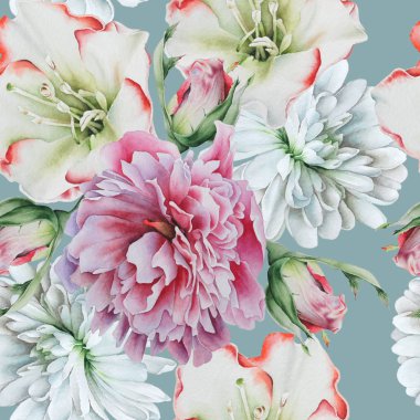 Çiçekli parlak seamless modeli. Şakayık. Rose. Krizantem. Sulu boya resim. Elle çizilmiş.