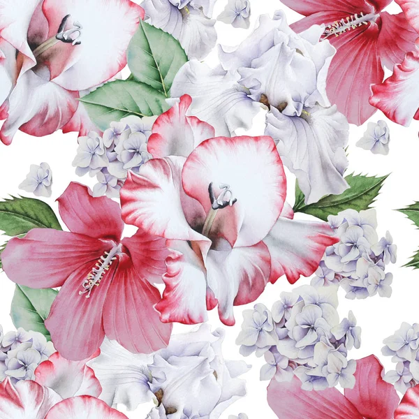 Bright seamless pattern with flowers. Hibiscus. Iris. Gladiolus.                                 Watercolor illustration. Hand drawn. — Stock Photo, Image